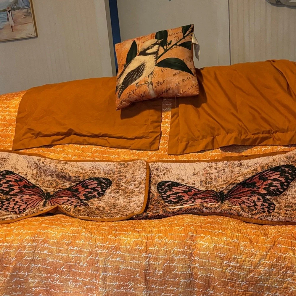 Orange Comforter butterfly, and birds Set